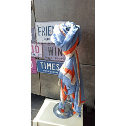 Echarpe femme "bleu et rayé orange" avec pompons